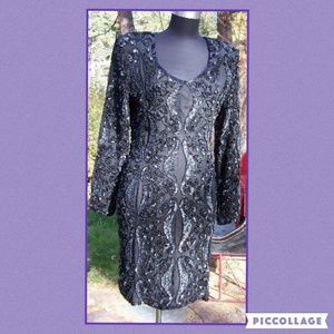 Nite Line Beaded Cocktail Dinner Dress - Black